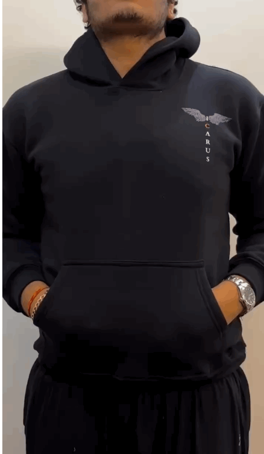 Icarus Wings Hoodie – “Wings Rise Through Faith” Black Graphic Pullover AFDruk