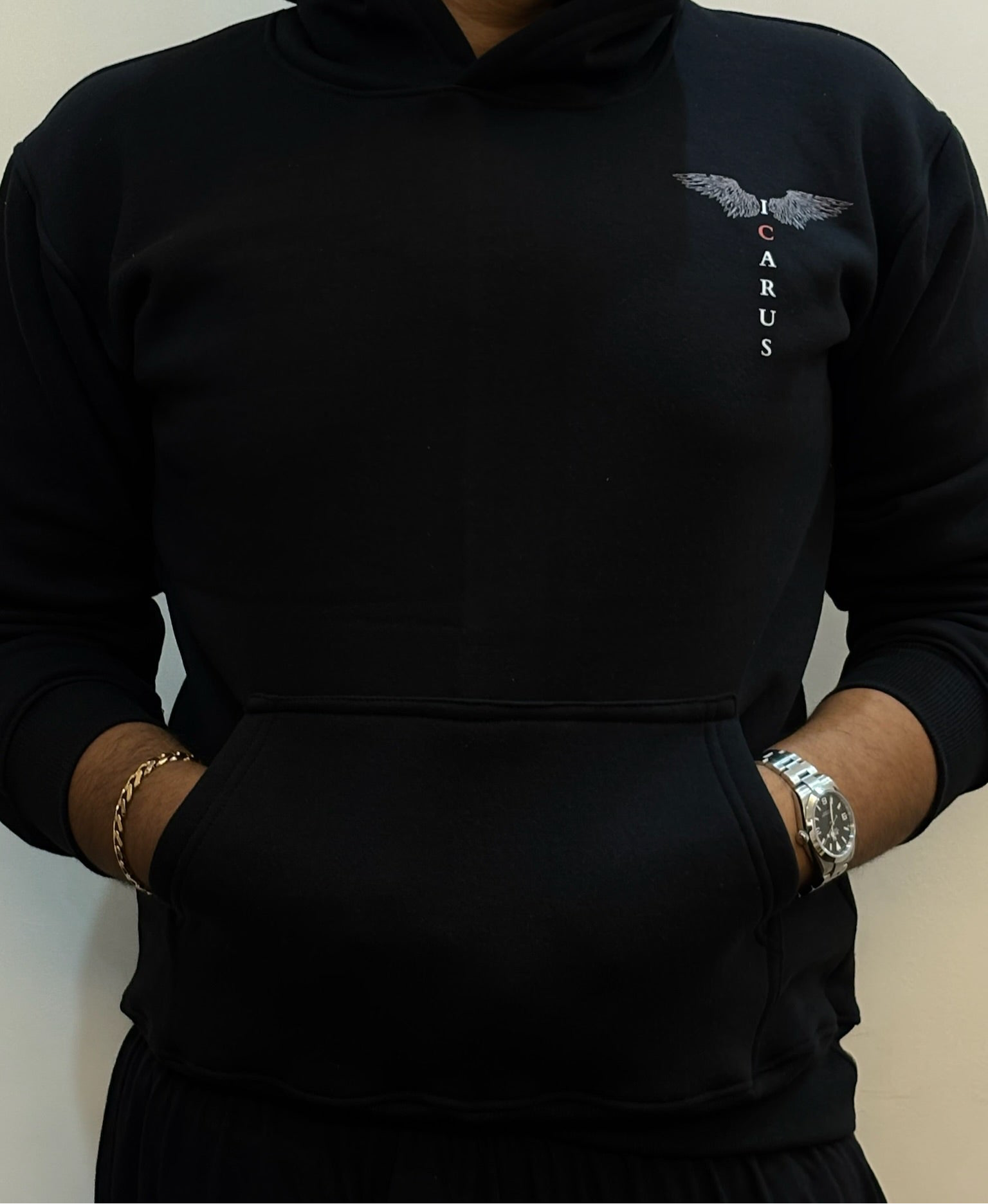 Icarus Wings Hoodie – “Wings Rise Through Faith” Black Graphic Pullover AFDruk